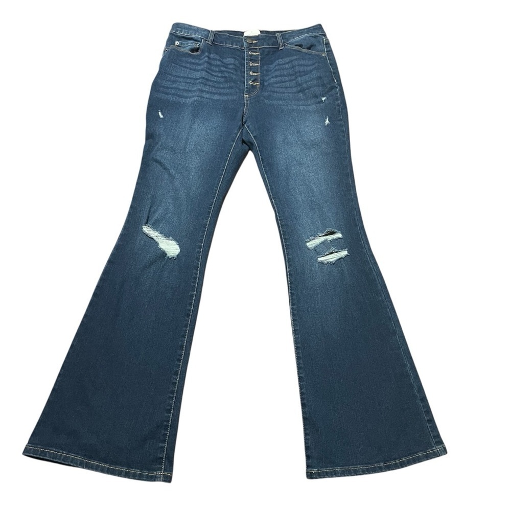 True Craft Distressed Blue Flare Jeans Dark Wash Womens size 10 Button Fly